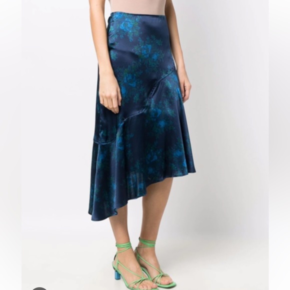 NWT Ganni asymmetrical navy floral-print bias cut silk skirt - Picture 4 of 10